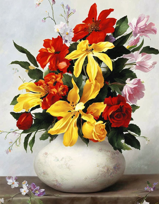 Assorted colorful flowers in white vase on pale background