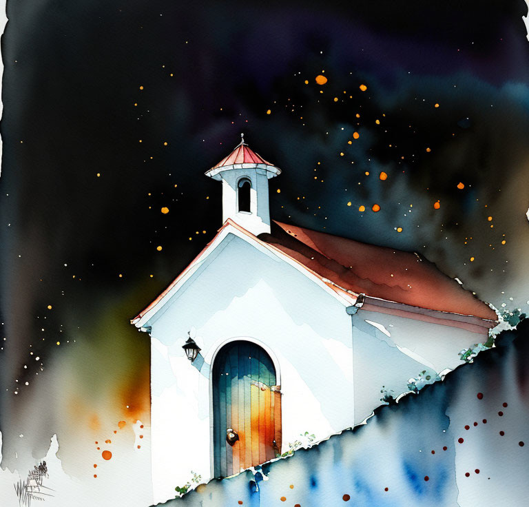 White Chapel Watercolor Painting: Red Roof, Wooden Door, Night Sky with Colorful Specks