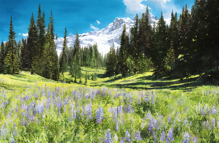 Scenic landscape illustration with purple wildflowers, green trees, and snowy mountain.