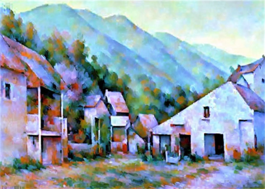 Impressionist painting of village and mountains in soft colors