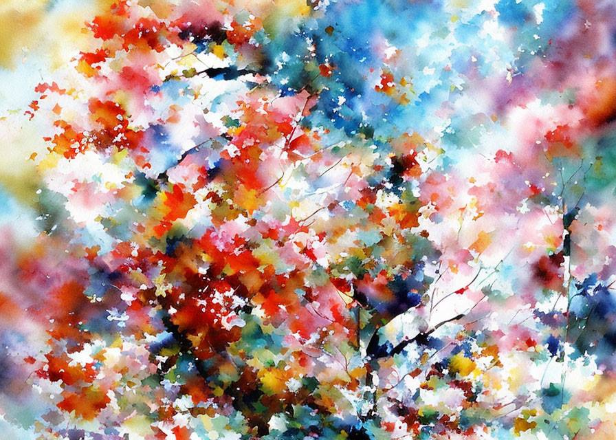 Colorful Watercolor Painting of Abstract Garden Foliage