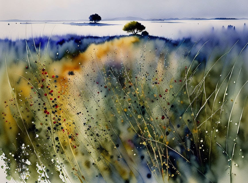 Serene landscape watercolor: wildflowers field, tranquil lake