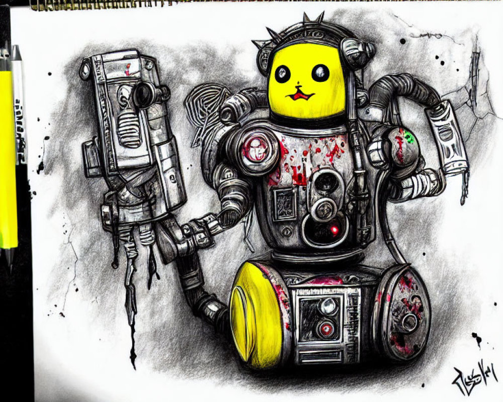 Colorful Cartoonish Robot with Yellow Duck Face on Sketchpad