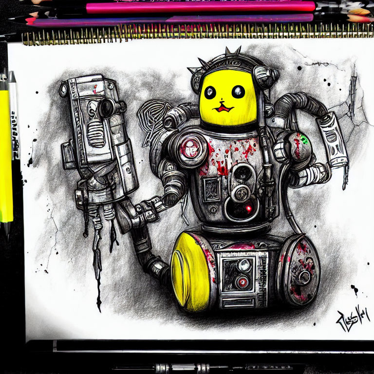 Colorful Cartoonish Robot with Yellow Duck Face on Sketchpad