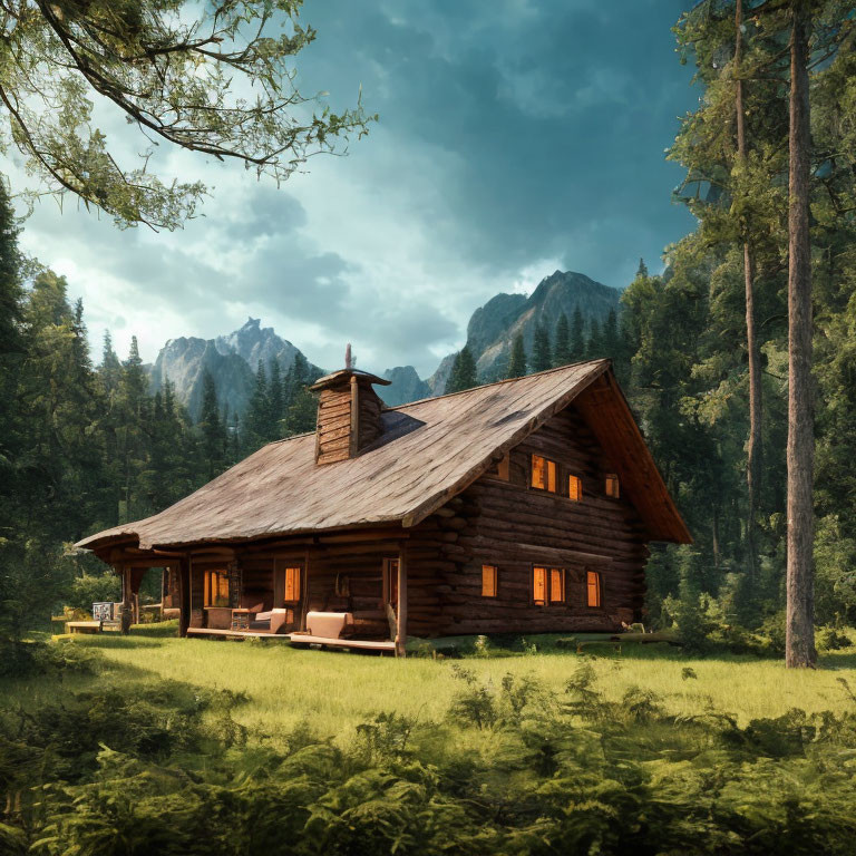 Rustic wooden cabin in forest clearing with mountain view