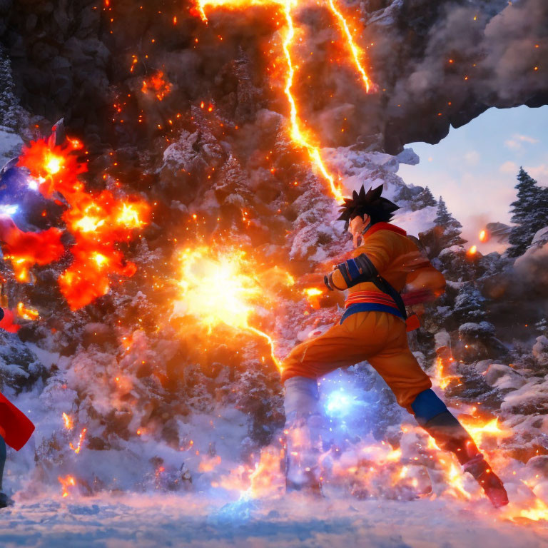 Spiky-haired animated character dodges explosions in snowy landscape