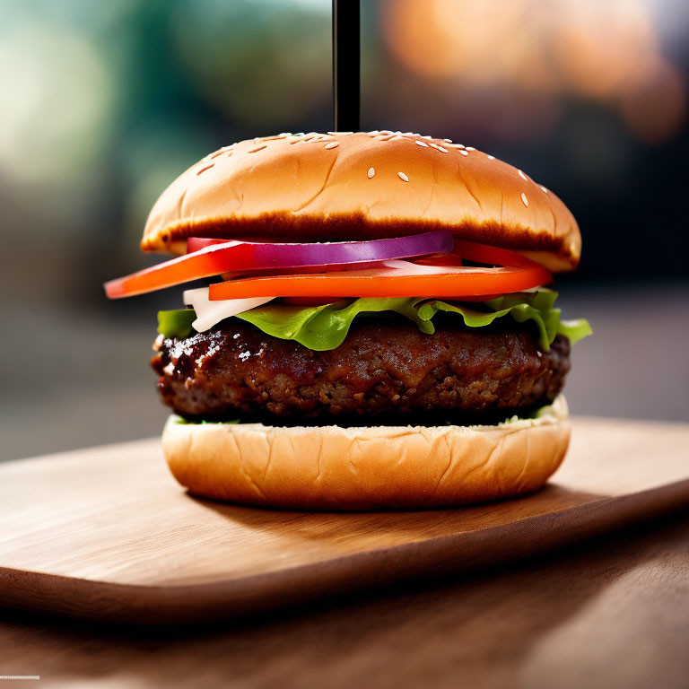 Juicy beef hamburger with lettuce, tomato, onion, pickles on sesame seed bun