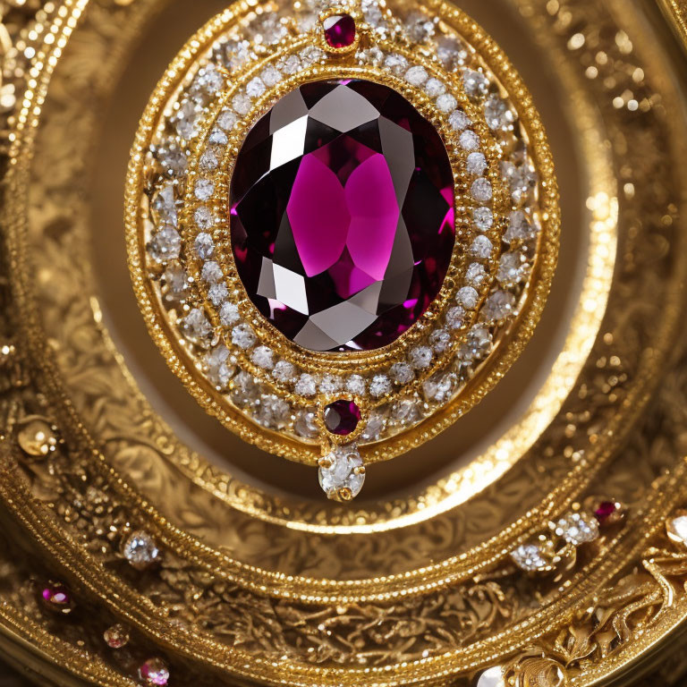 Golden Jewelry with Central Pink Gemstone & Spiraling Patterns