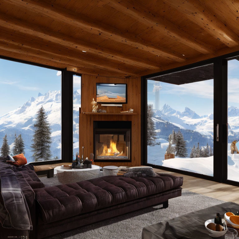 Cozy modern mountain chalet interior with fireplace and snowy peak view.