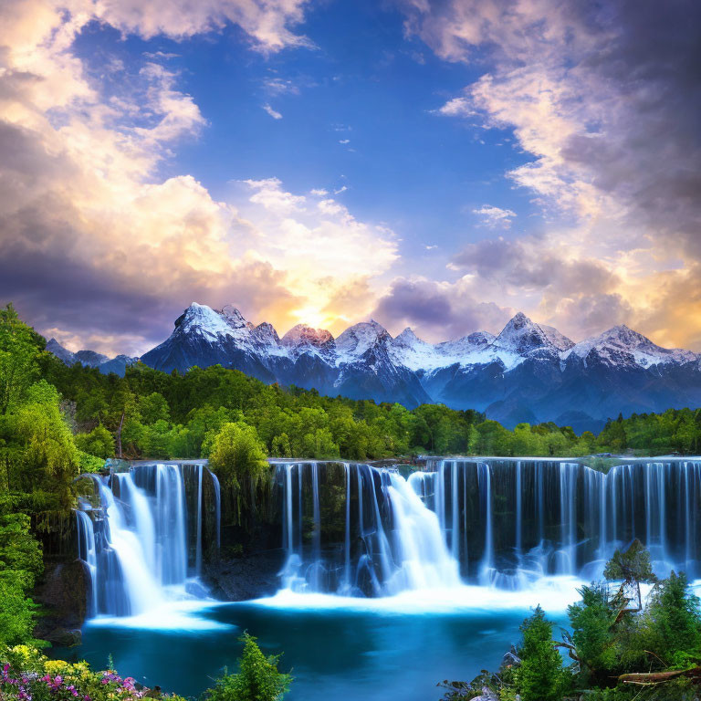 Scenic waterfall with cascades, turquoise pool, snow-capped mountains, and dramatic dusk sky