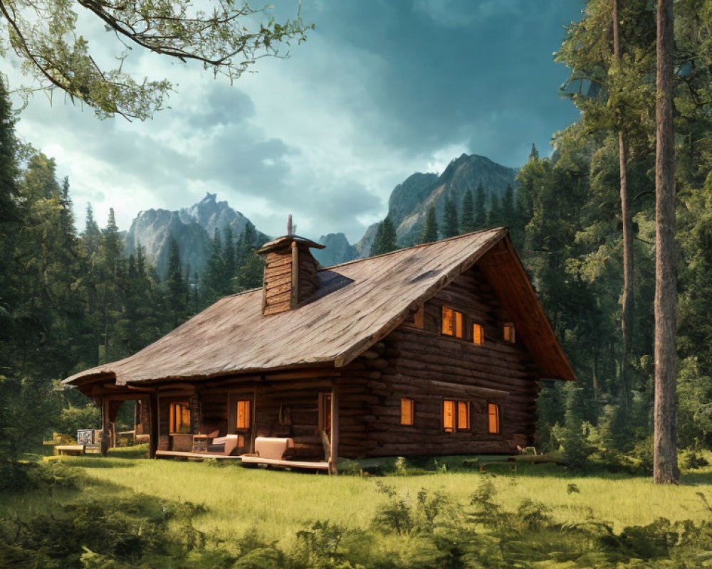 Rustic wooden cabin in forest clearing with mountain view