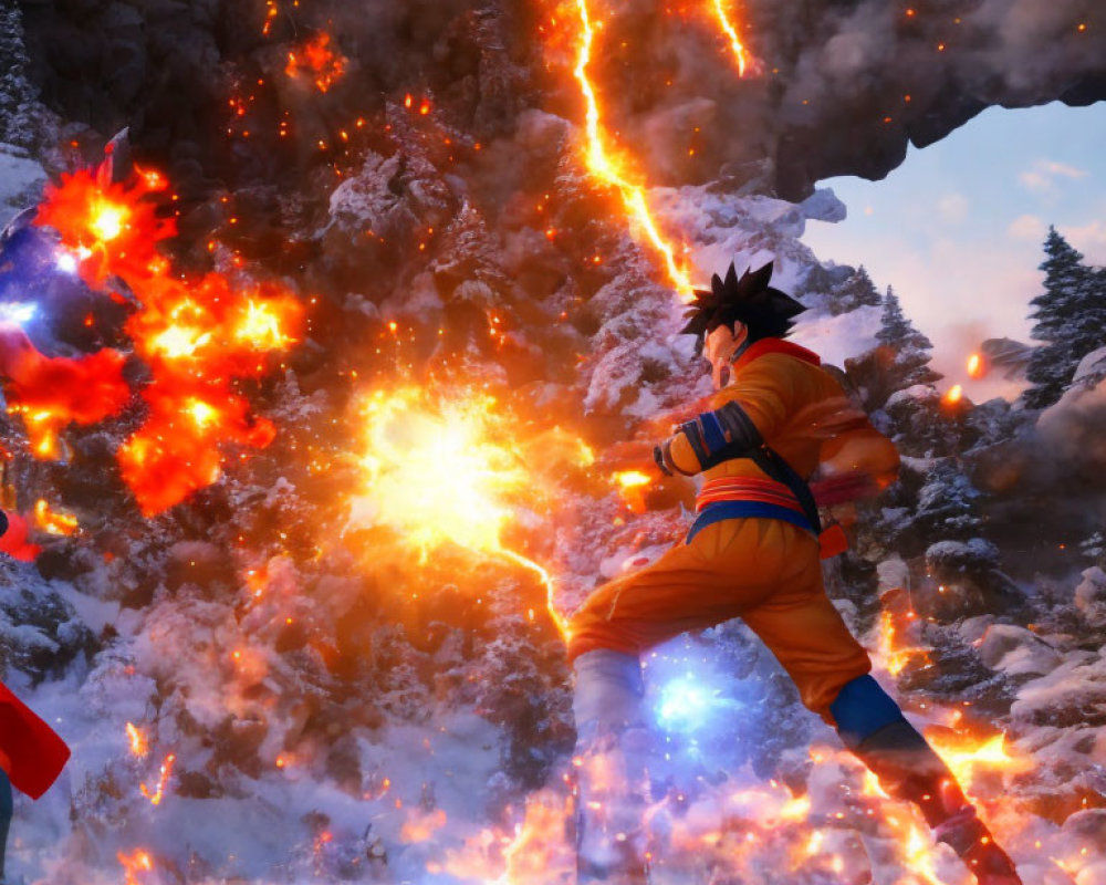 Spiky-haired animated character dodges explosions in snowy landscape