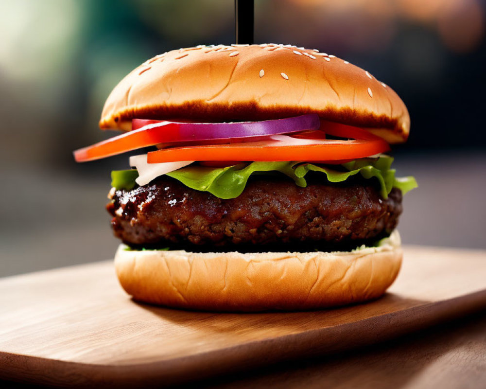 Juicy beef hamburger with lettuce, tomato, onion, pickles on sesame seed bun