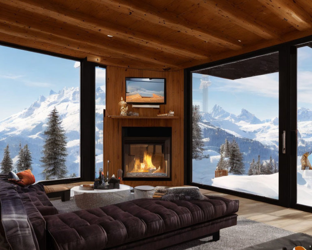 Cozy modern mountain chalet interior with fireplace and snowy peak view.