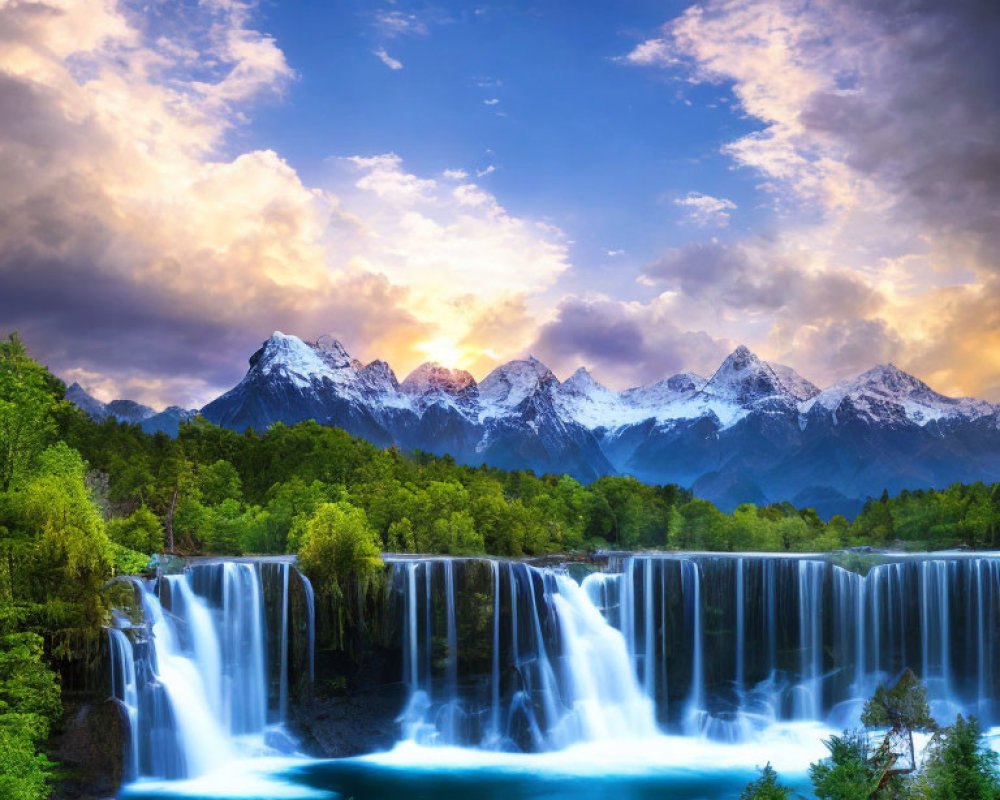 Scenic waterfall with cascades, turquoise pool, snow-capped mountains, and dramatic dusk sky