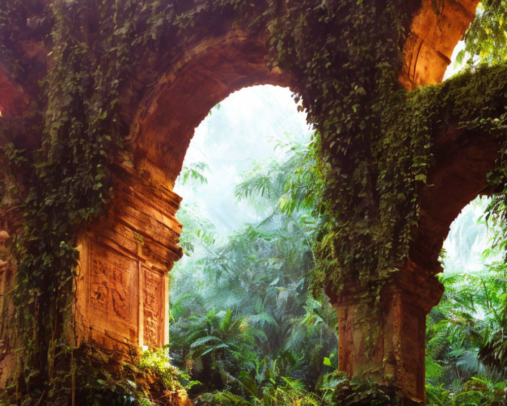 Ancient ruins overtaken by greenery in misty jungle setting