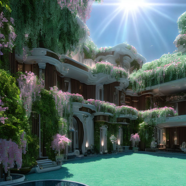 Lush garden with pink flower trees and tranquil pool under sunbeam