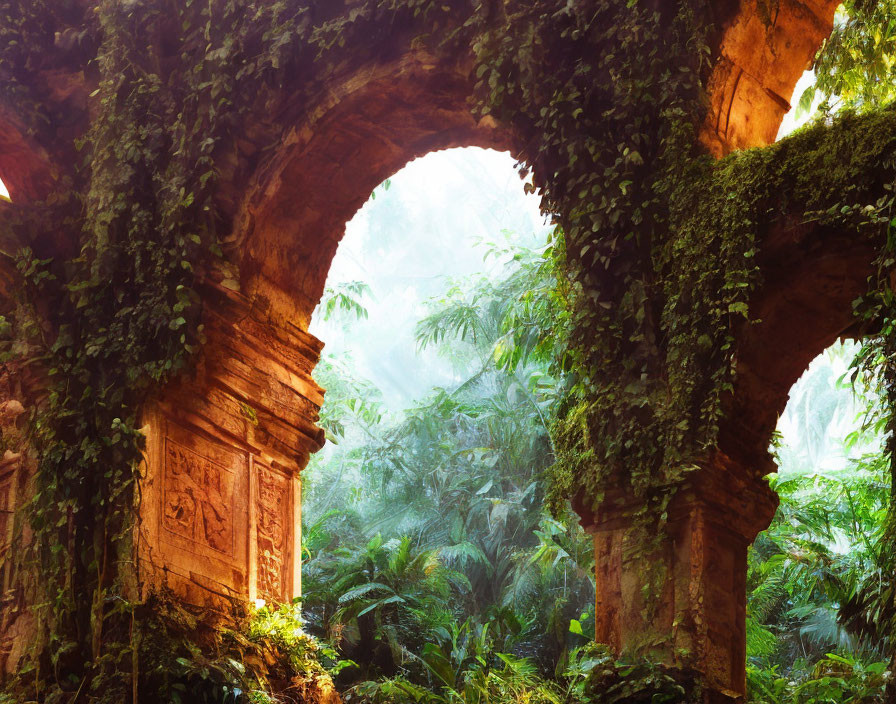 Ancient ruins overtaken by greenery in misty jungle setting