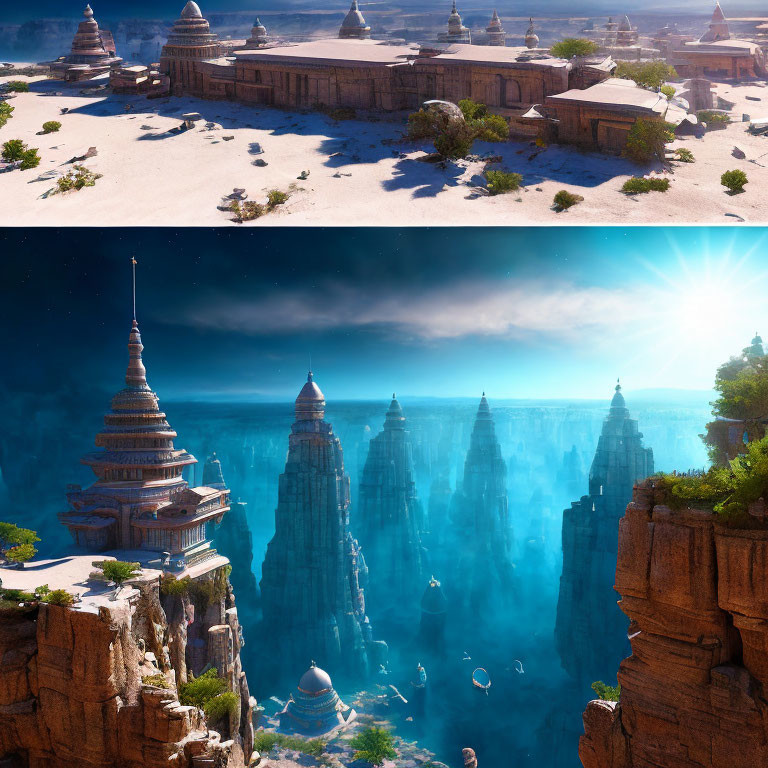 Fantasy landscapes: Desert temples in sand dunes and underwater city with spires.