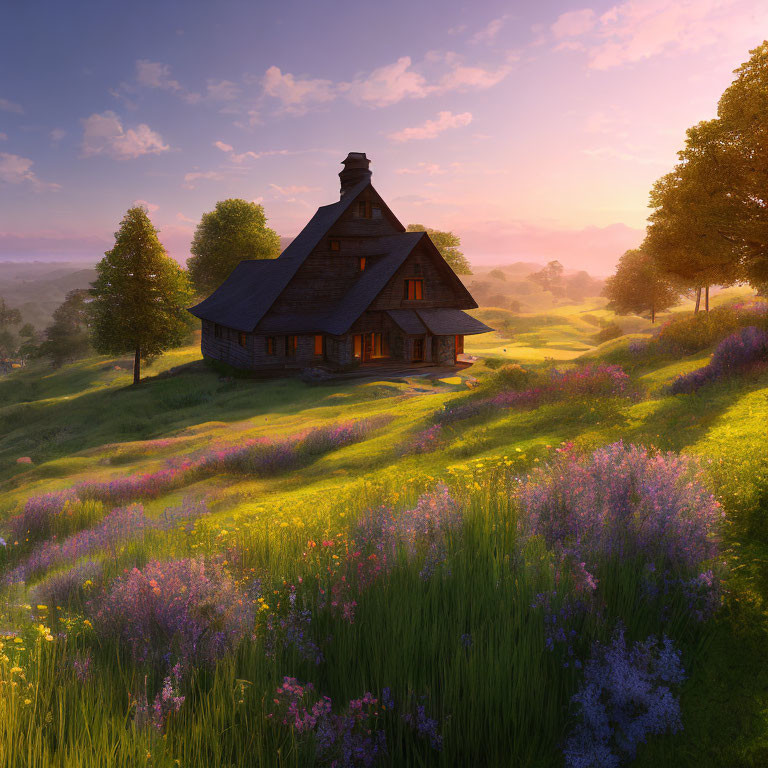 Tranquil rural scene: House in blooming meadow at sunrise or sunset