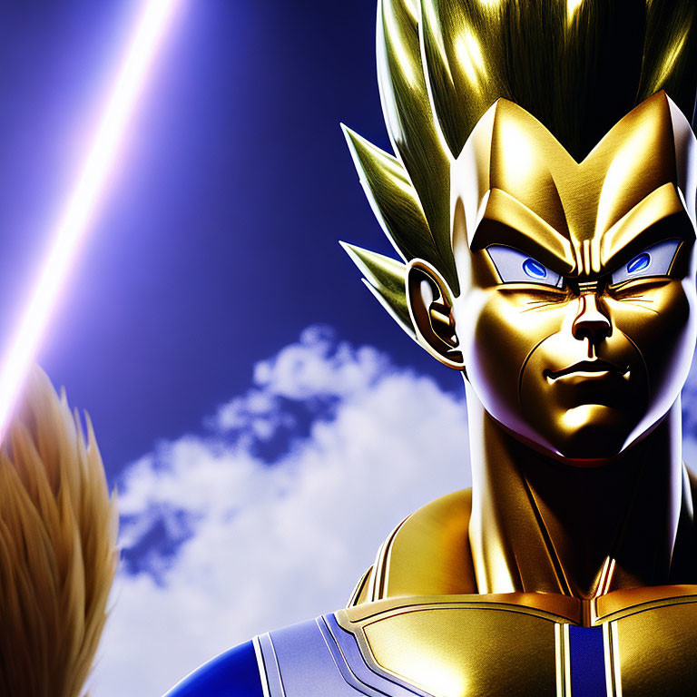 Animated character with spiky golden hair and blue eyes in blue and gold suit with purple energy beam