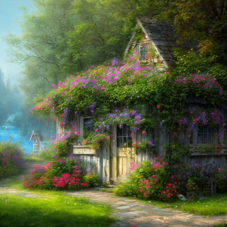 Charming cottage surrounded by lush greenery and pink flowers in soft sunlight