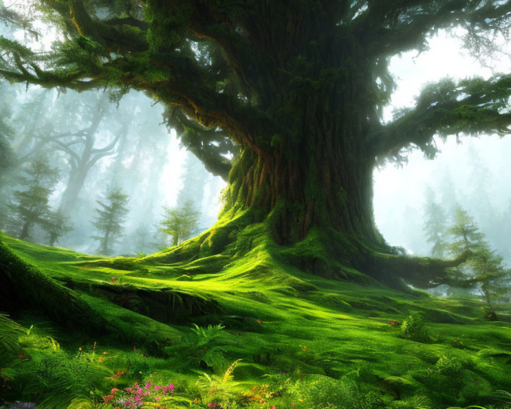 Ancient tree in lush forest with moss and ferns