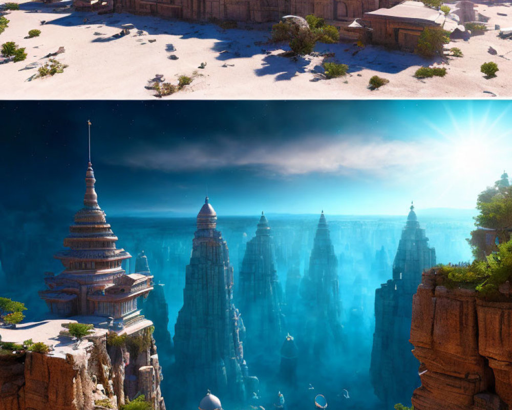 Fantasy landscapes: Desert temples in sand dunes and underwater city with spires.