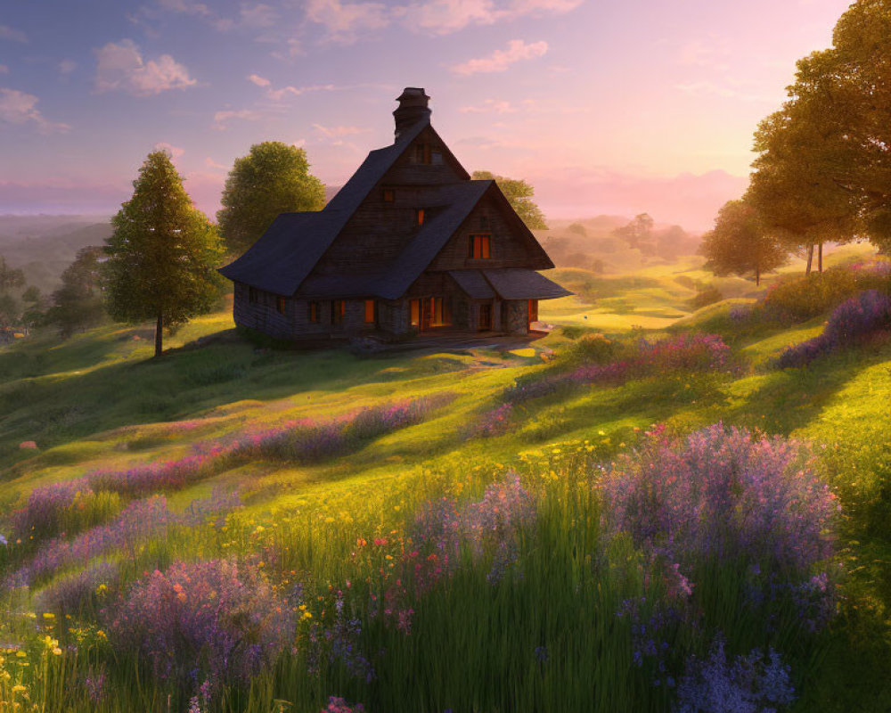 Tranquil rural scene: House in blooming meadow at sunrise or sunset