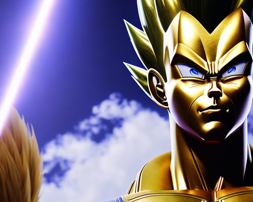 Animated character with spiky golden hair and blue eyes in blue and gold suit with purple energy beam