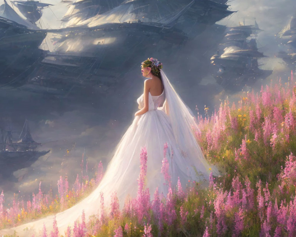 Bride in white gown among purple flowers with ethereal ships in misty background