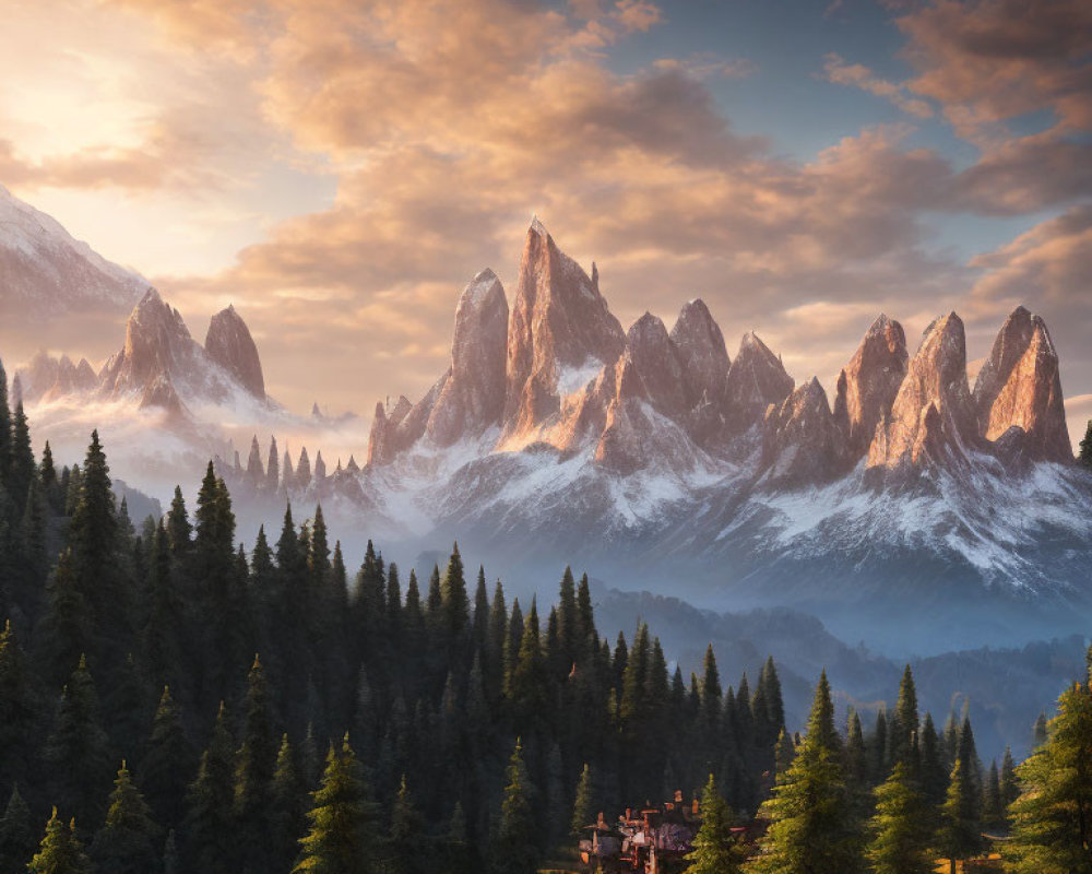 Majestic mountain range at sunrise with sharp peaks and settlement.