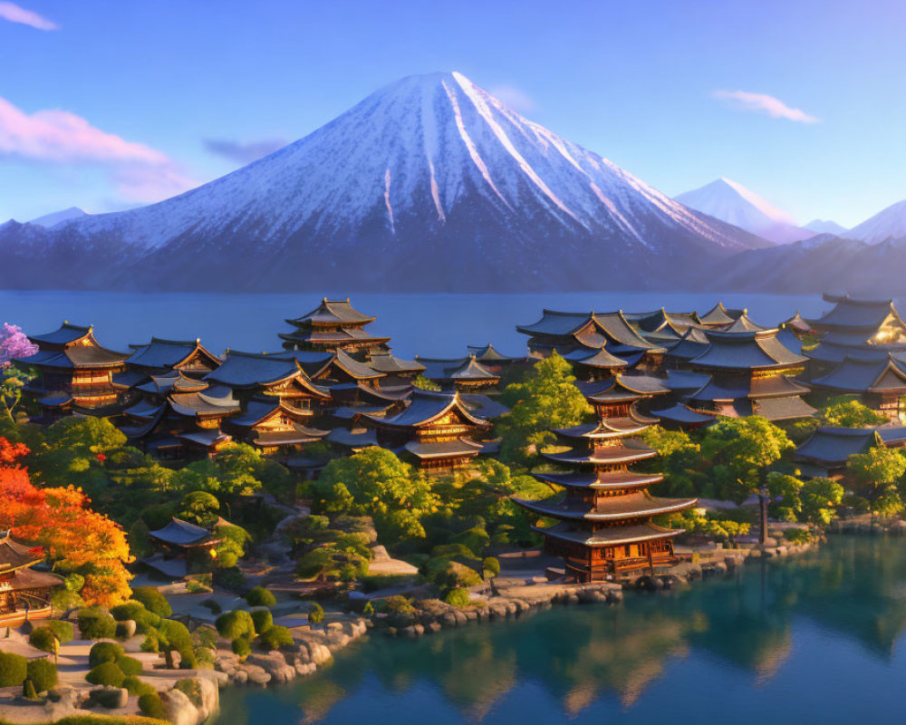 Animated landscape with pagodas, lake, mountain, and autumn foliage