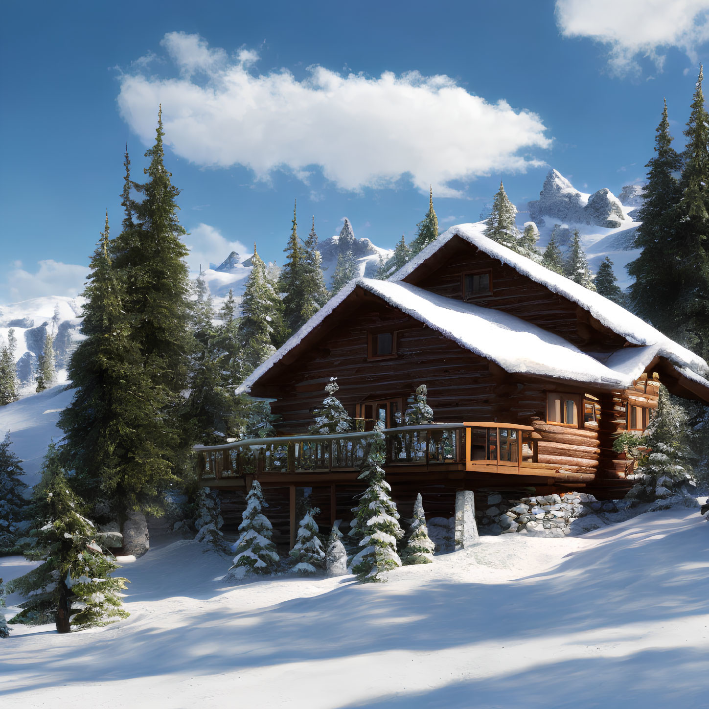 Snowy log cabin nestled among pine trees and mountains on sunny day