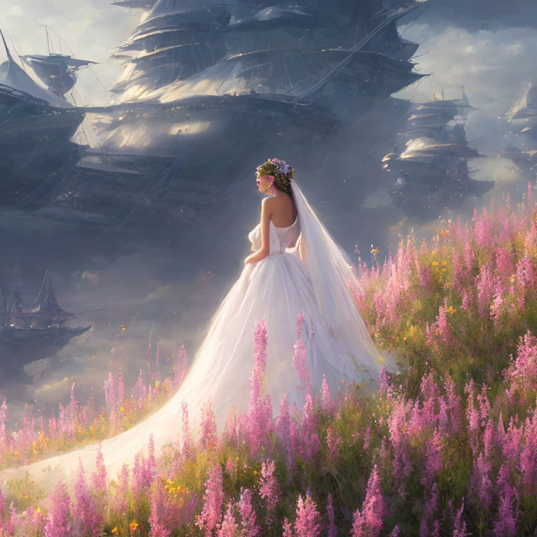 Bride in white gown among purple flowers with ethereal ships in misty background