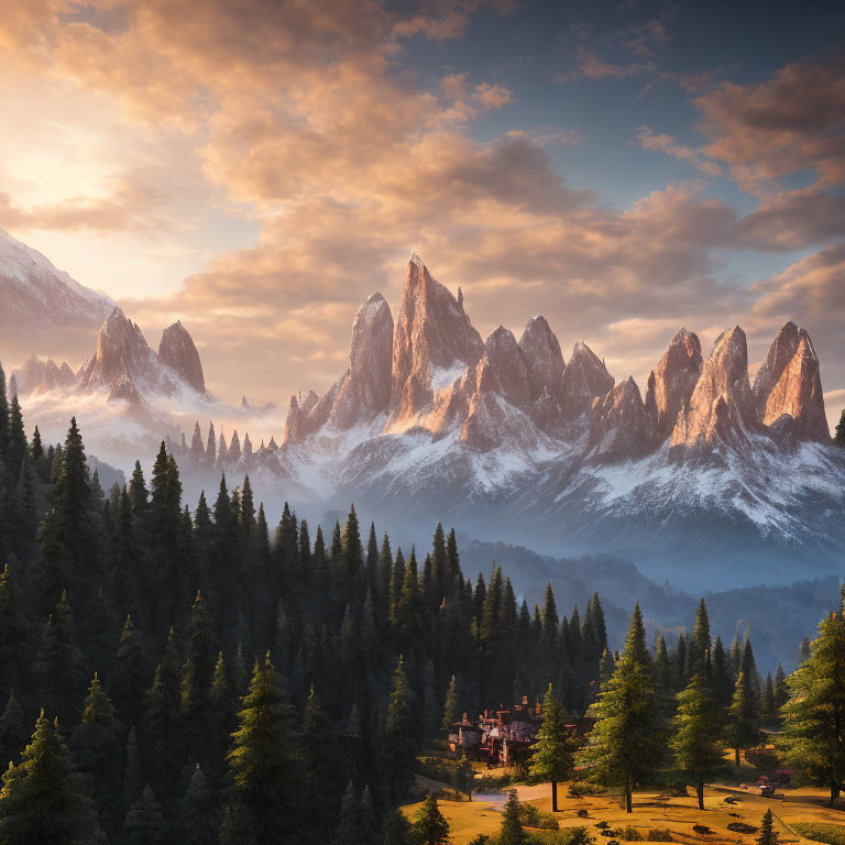 Majestic mountain range at sunrise with sharp peaks and settlement.