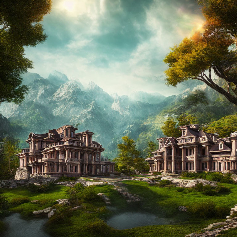 Victorian Mansions in Forest Landscape with Stream and Mountain Sky