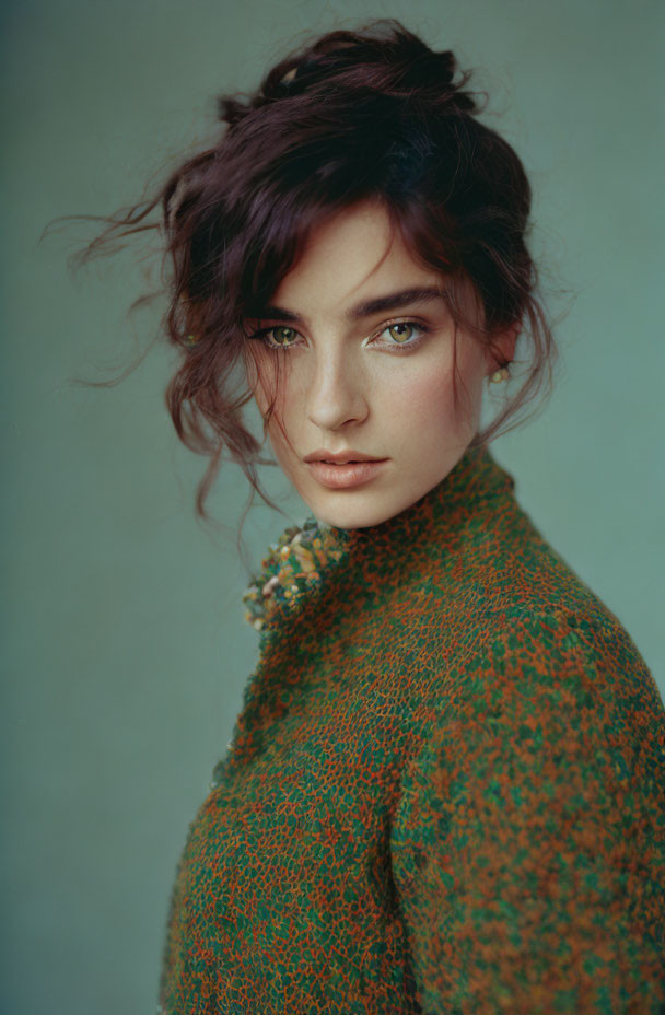 Woman with dark tousled hair and blue eyes in floral green dress gazes over shoulder.