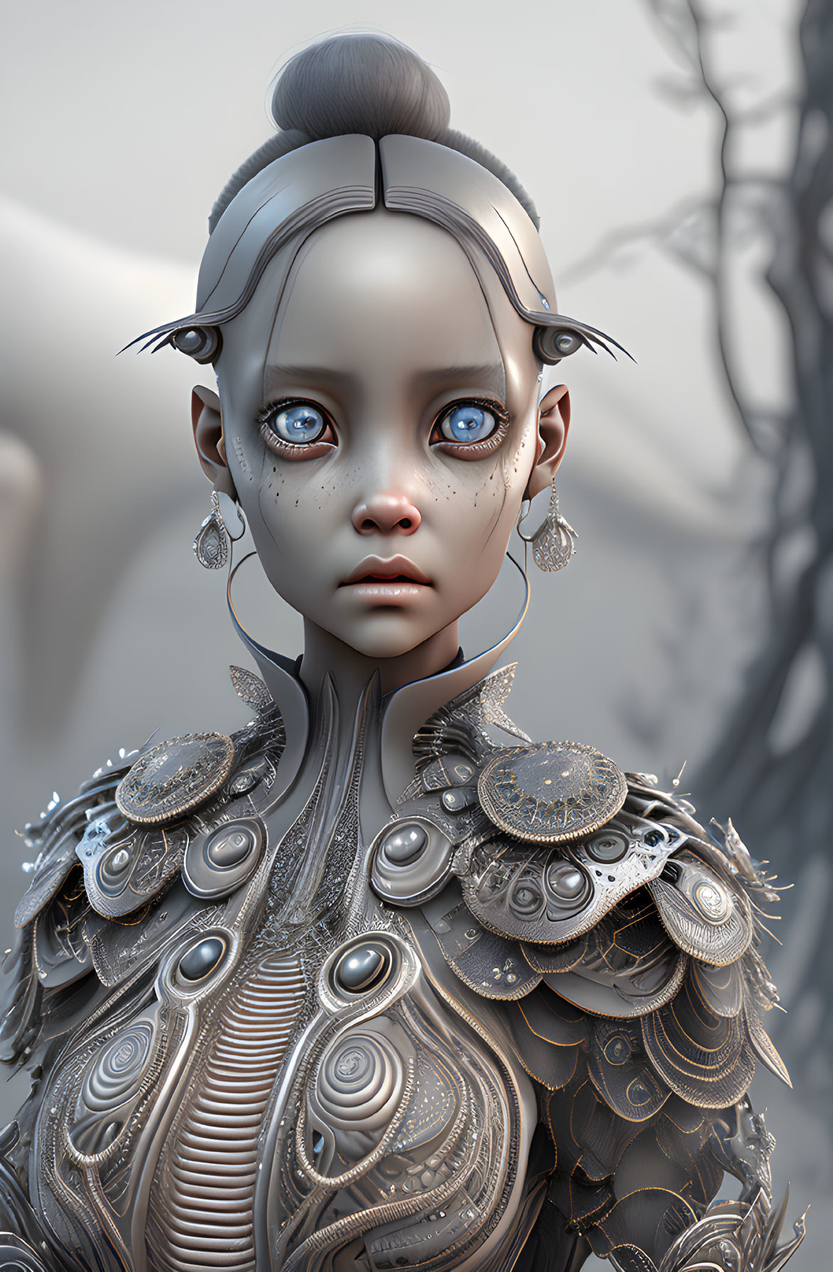 Futuristic digital artwork of a girl with human-robotic features and blue eyes