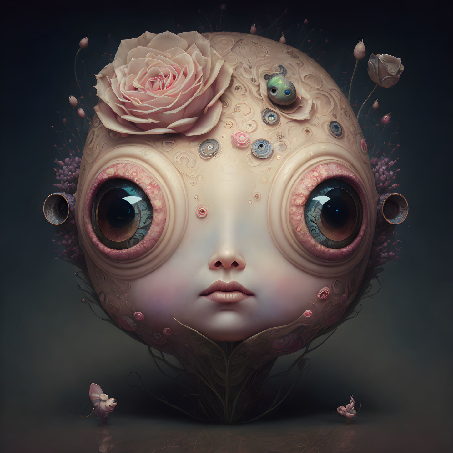 Surreal artwork featuring character with oversized eyes and rose crown, surrounded by whimsical floral elements.