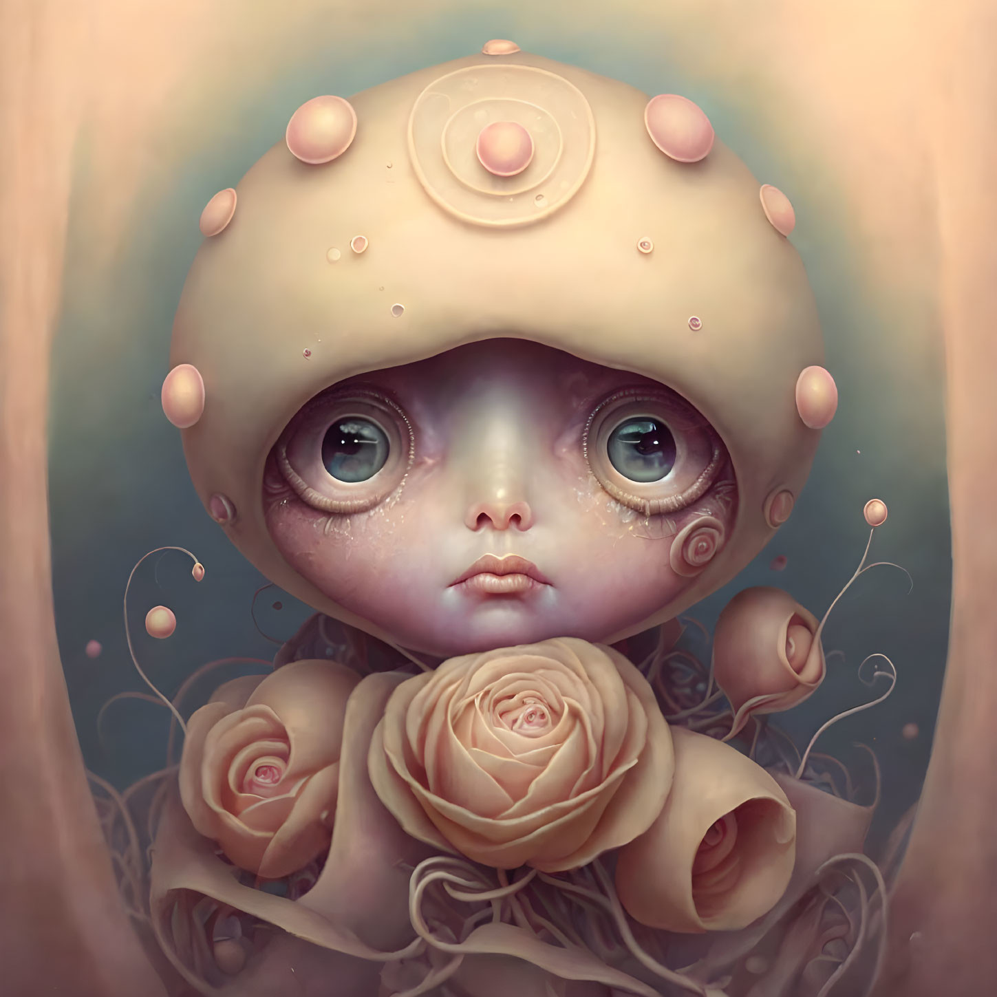 Surreal artwork: Character with large eyes and mushroom cap head among pink roses