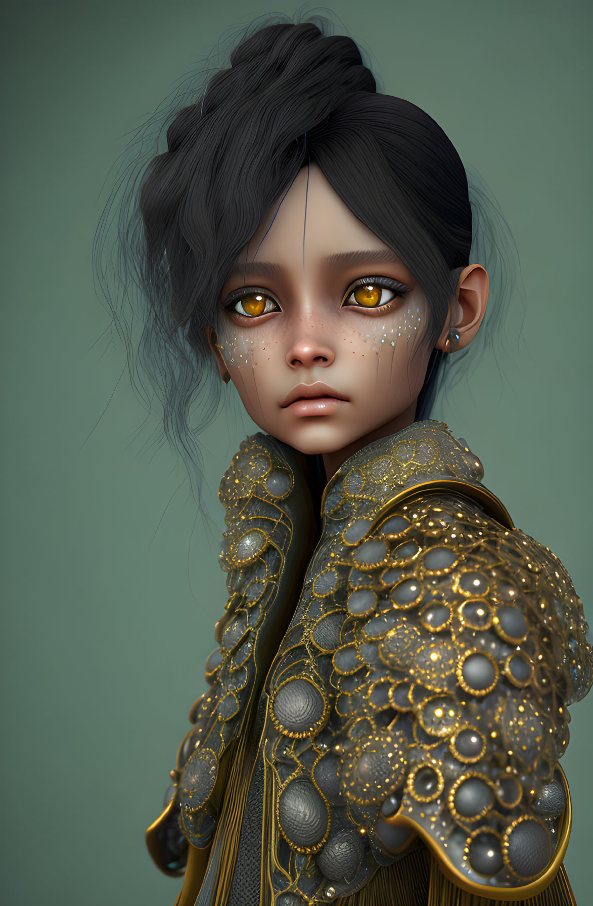 Digital portrait of character with dark hair, golden eyes, freckles, ornate gold-patterned