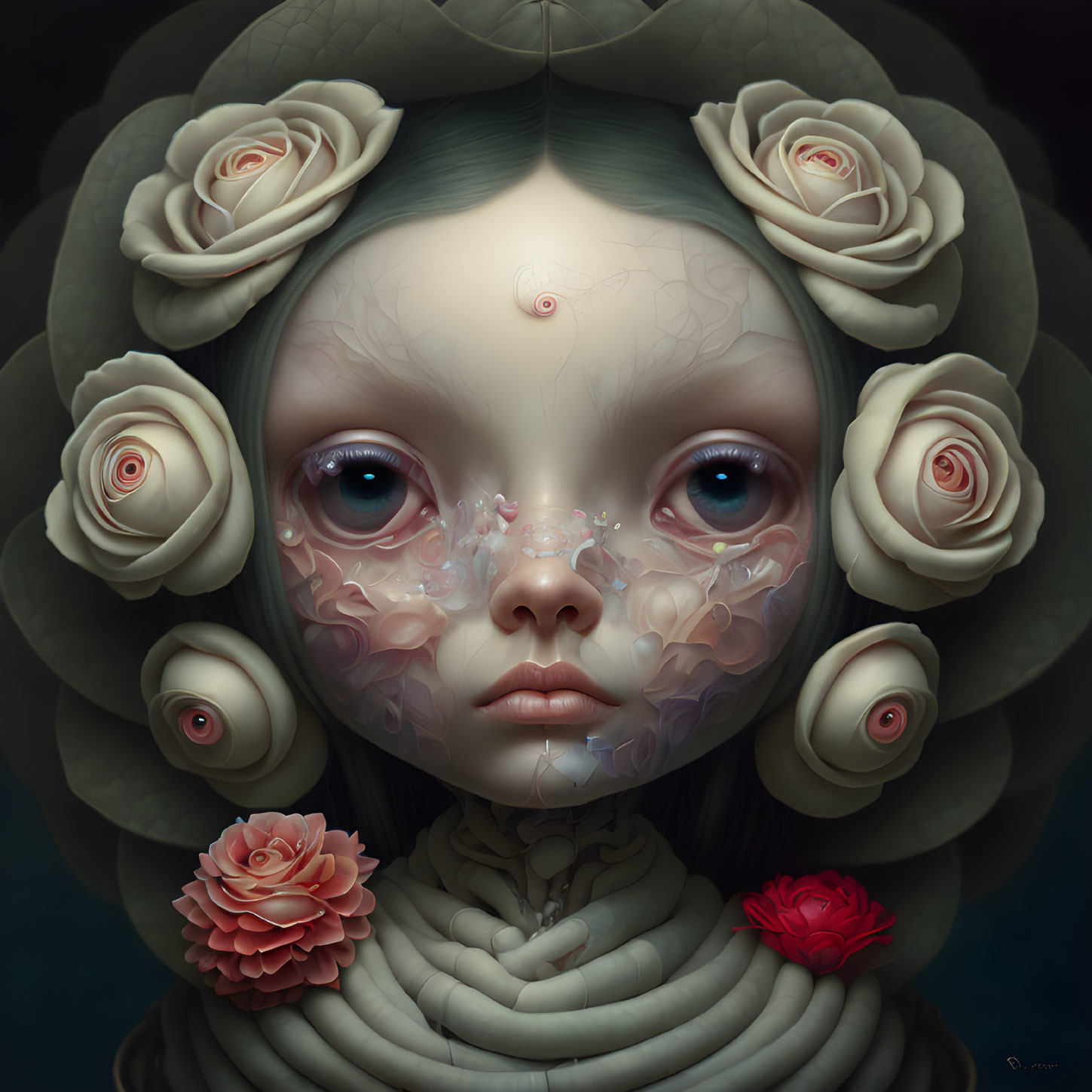 Surreal portrait: Figure with multiple eyes and roses, floral aura