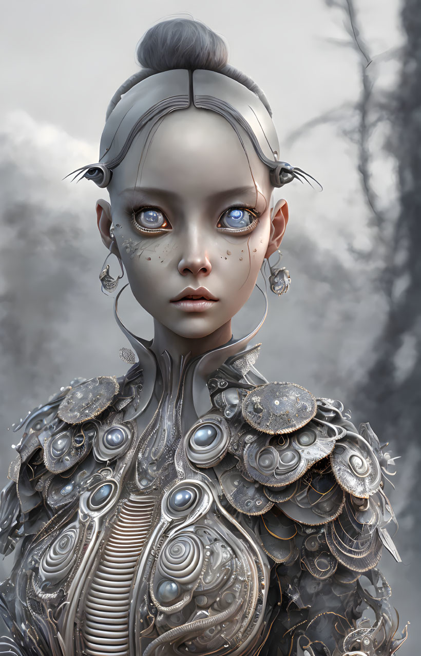 Digital art portrait of female figure with silver mechanical design and expressive eyes in cloudy backdrop