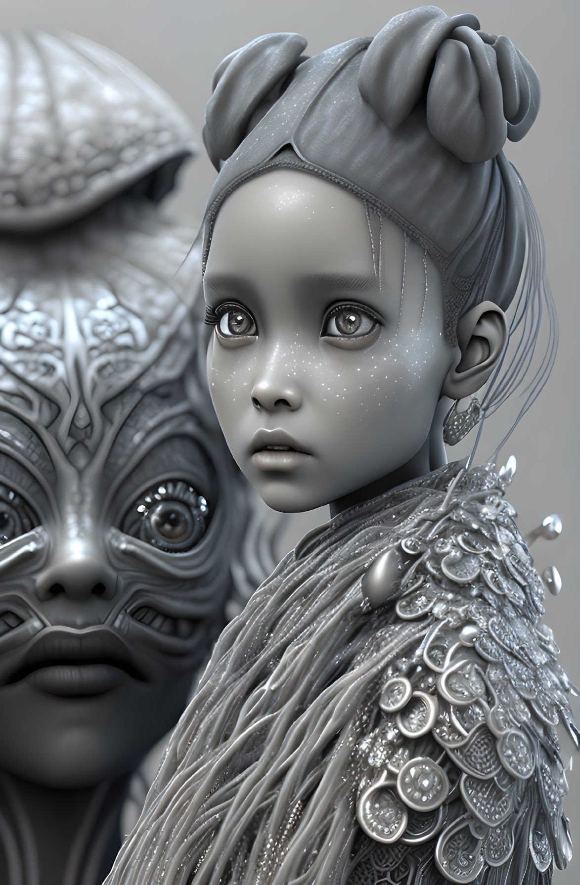 Monochrome digital art: Young girl with buns and freckles next to textured creature