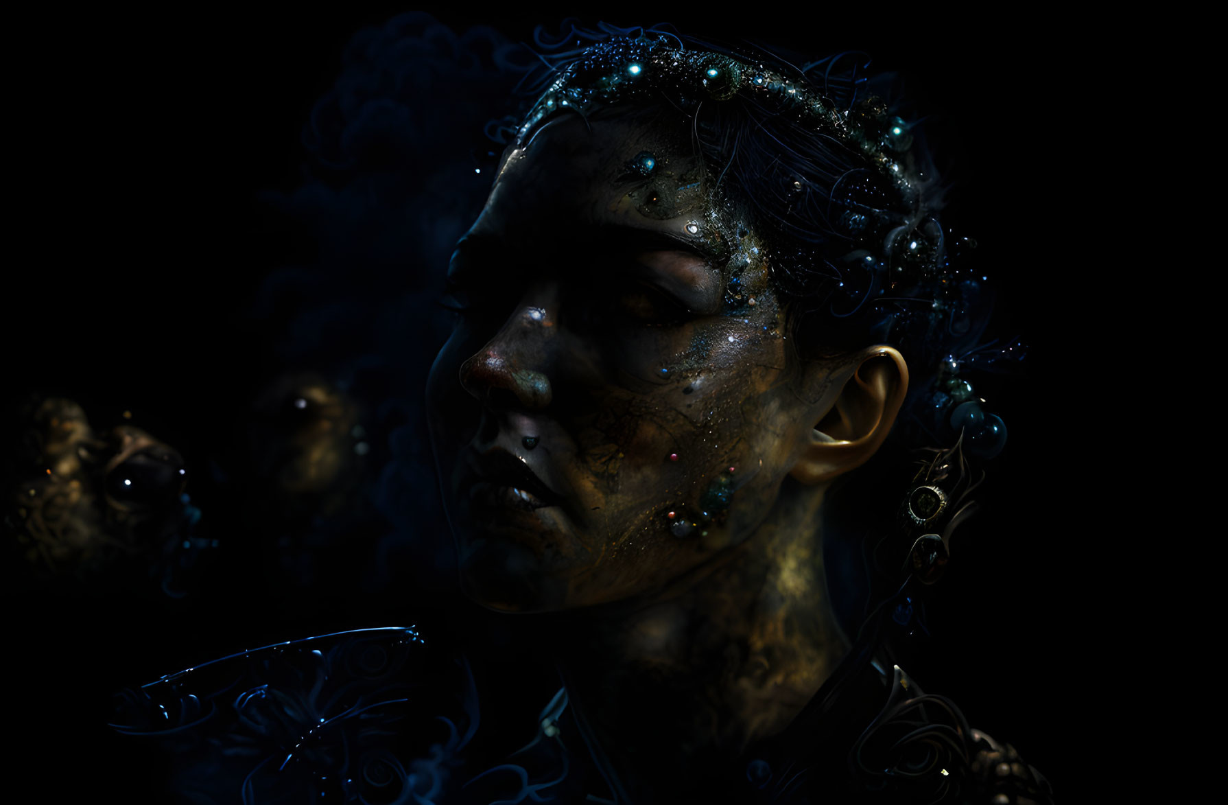 Person with shimmering cosmic makeup against dark background - Ethereal aura