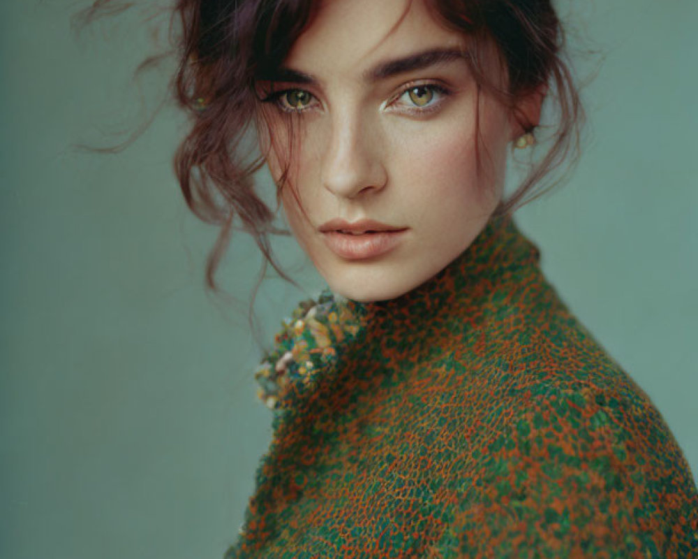 Woman with dark tousled hair and blue eyes in floral green dress gazes over shoulder.