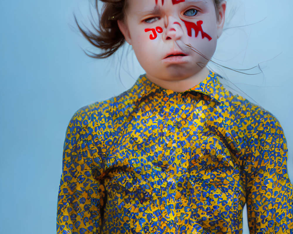 Child with solemn expression in yellow shirt with red writing on face