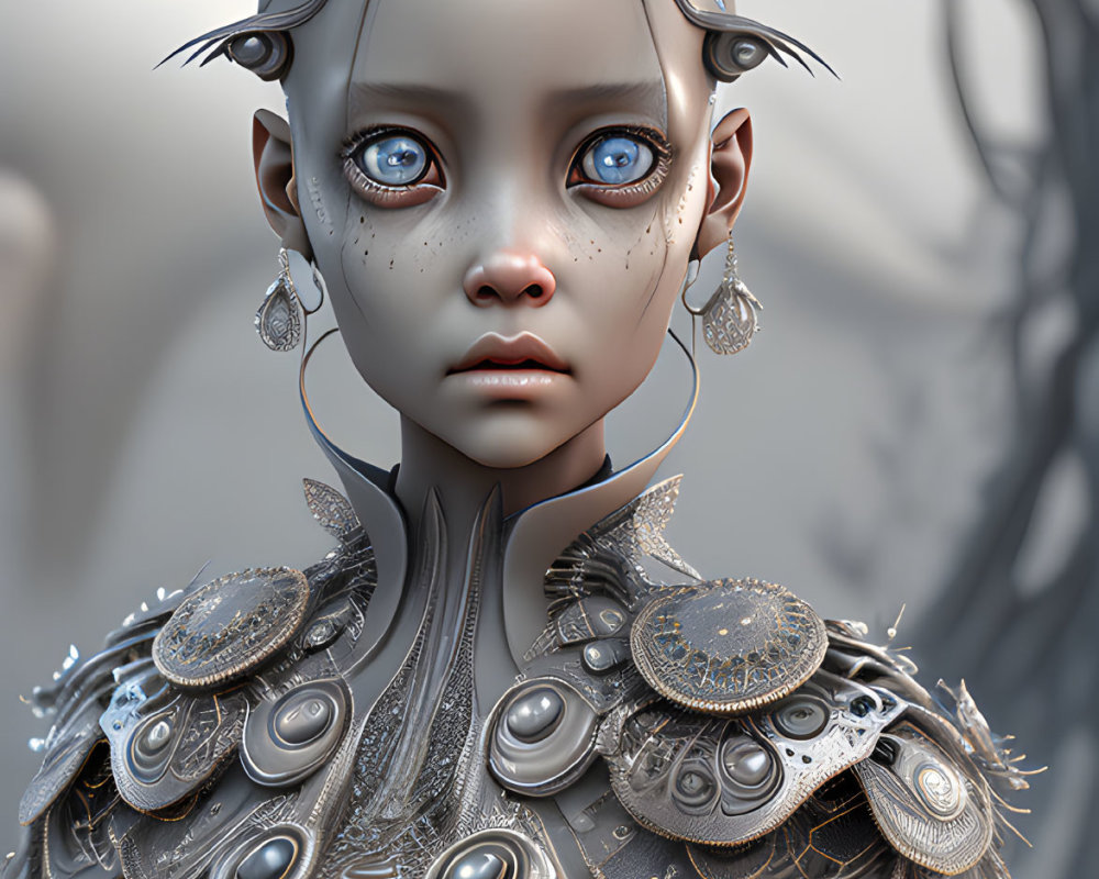 Futuristic digital artwork of a girl with human-robotic features and blue eyes