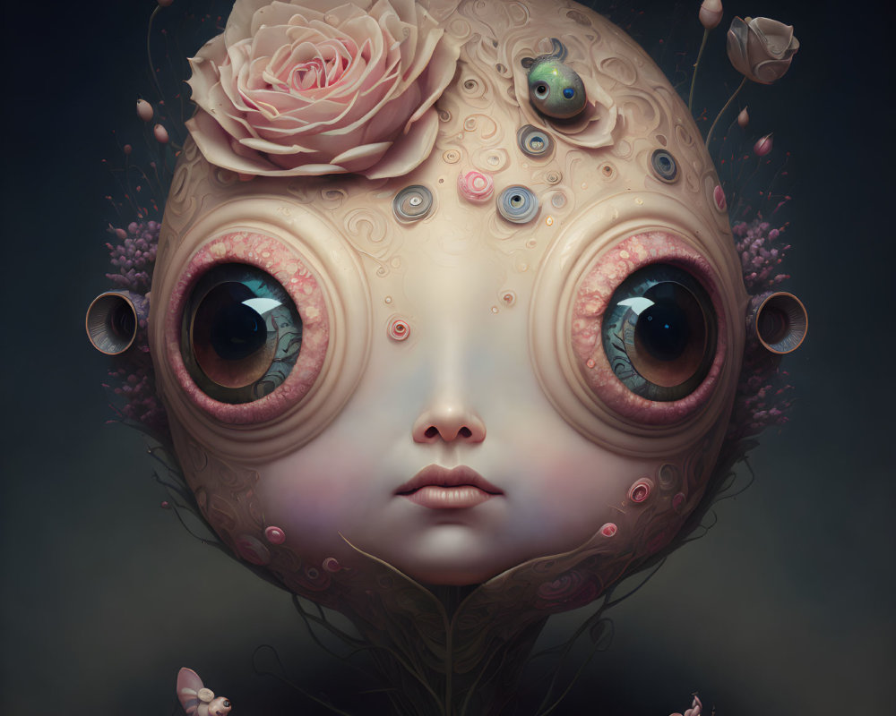 Surreal artwork featuring character with oversized eyes and rose crown, surrounded by whimsical floral elements.